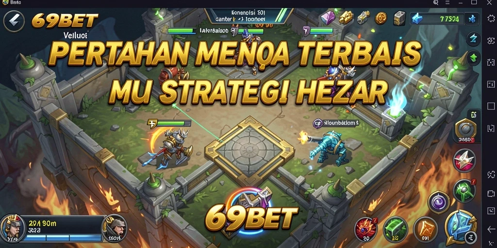 Tampilan game 69BET yang menampilkan pertahanan menara melawan serangan musuh.