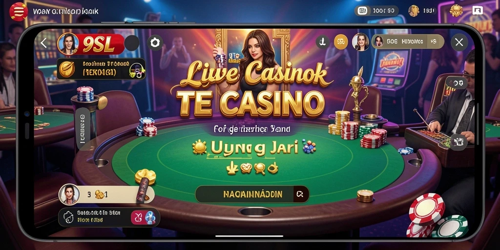 Screenshot gameplay 9SL menampilkan dealer langsung dan suasana kasino yang hidup.