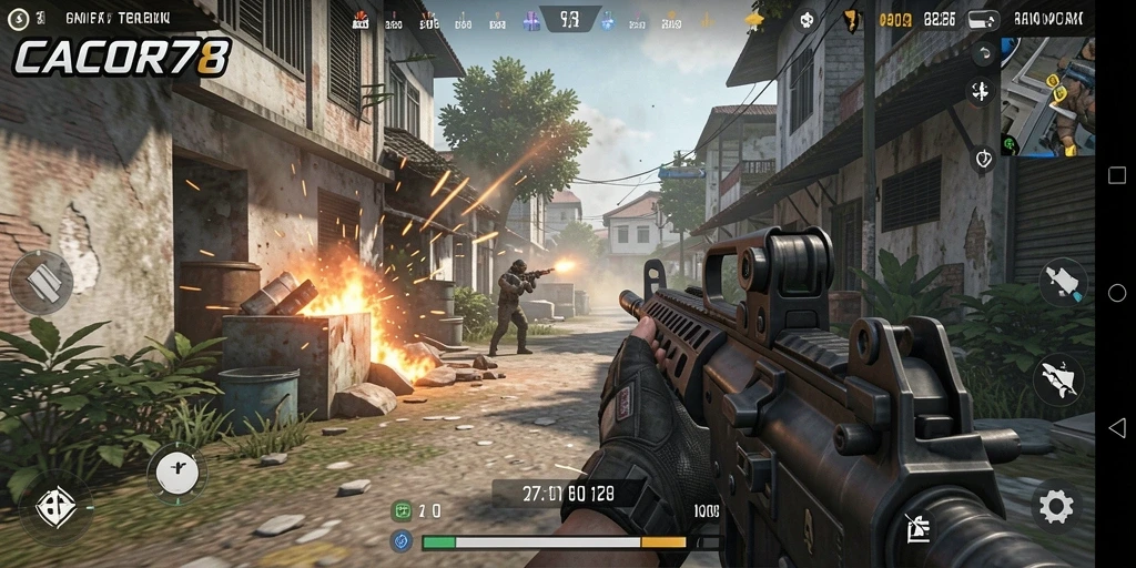 Screenshot utama CACOR78 menampilkan gameplay aksi FPS yang intens.